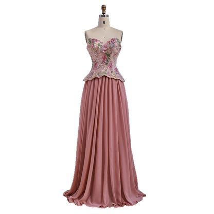 Luxury Pink Strapless Sweetheart Beaded Floral A-Line Evening Dress LA73643