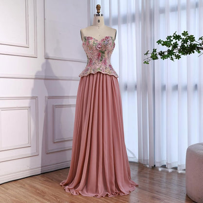 Luxury Pink Strapless Sweetheart Beaded Floral A-Line Evening Dress LA73643