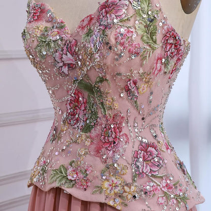 Luxury Pink Strapless Sweetheart Beaded Floral A-Line Evening Dress LA73643