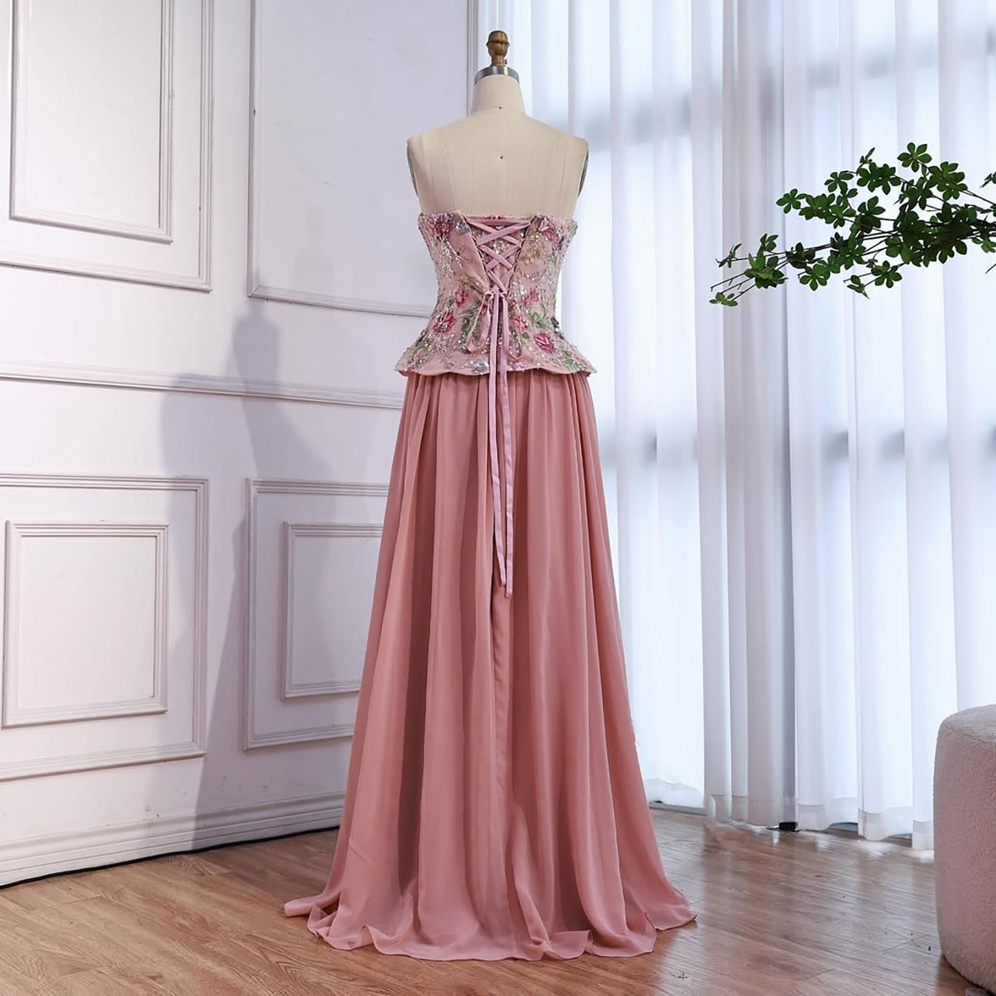 Luxury Pink Strapless Sweetheart Beaded Floral A-Line Evening Dress LA73643