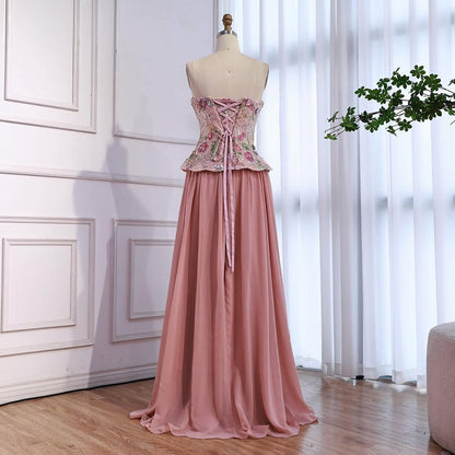 Luxury Pink Strapless Sweetheart Beaded Floral A-Line Evening Dress LA73643