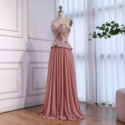 Luxury Pink Strapless Sweetheart Beaded Floral A-Line Evening Dress LA73643