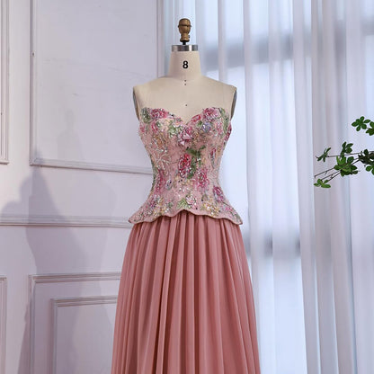 Luxury Pink Strapless Sweetheart Beaded Floral A-Line Evening Dress LA73643