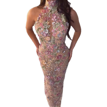 Luxury Pink Appliques Beaded Halter Mermaid Evening Dress LA73644