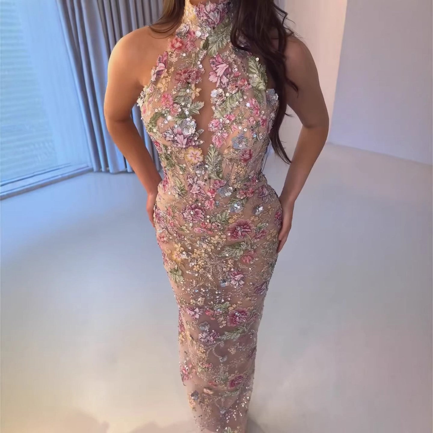 Luxury Pink Appliques Beaded Halter Mermaid Evening Dress LA73644