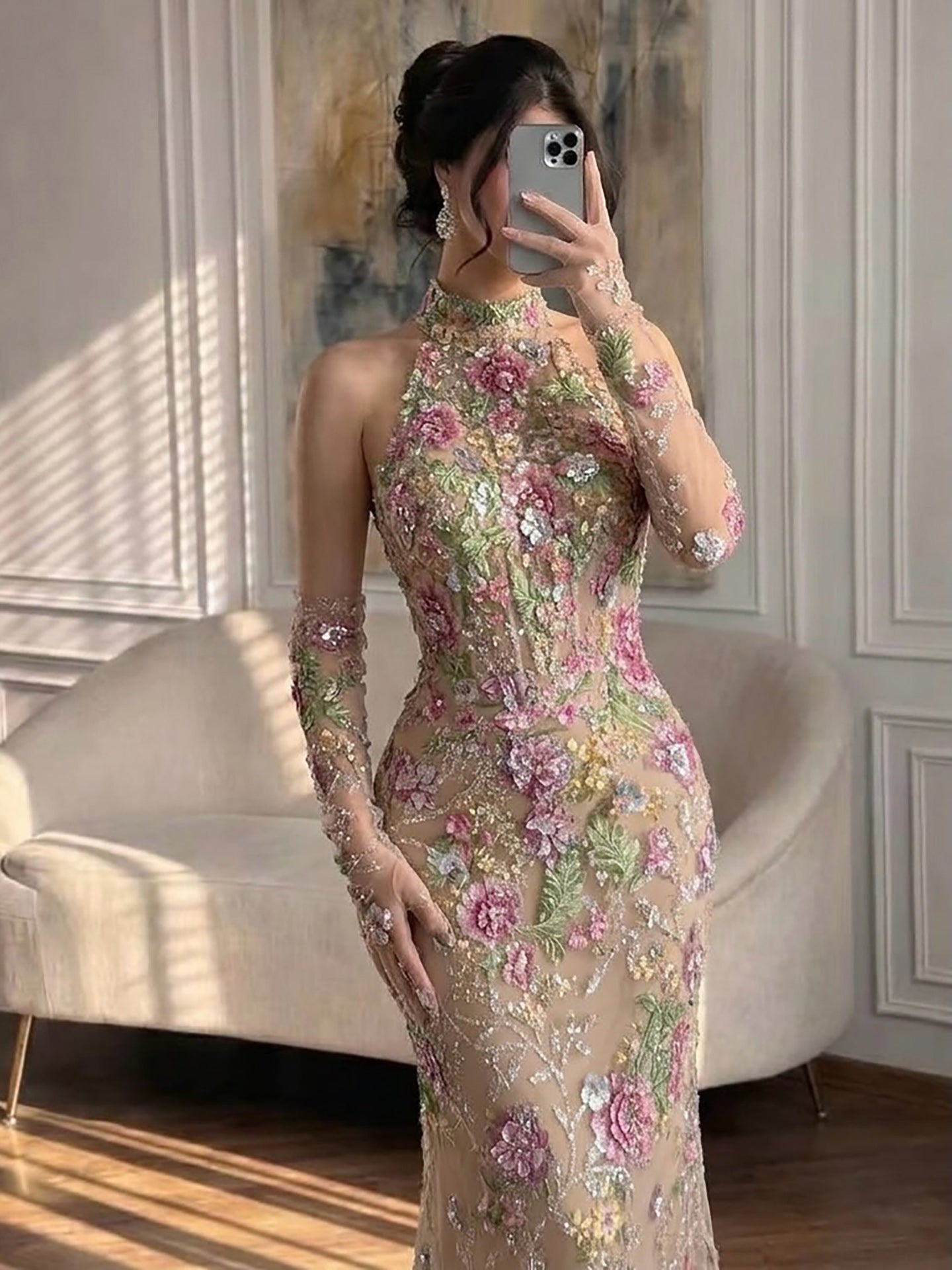 Luxury Nude Pink High Neck Floral Beaded Mermaid Gown LA73644A