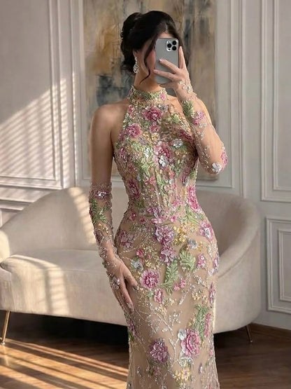Luxury Nude Pink High Neck Floral Beaded Mermaid Gown LA73644A