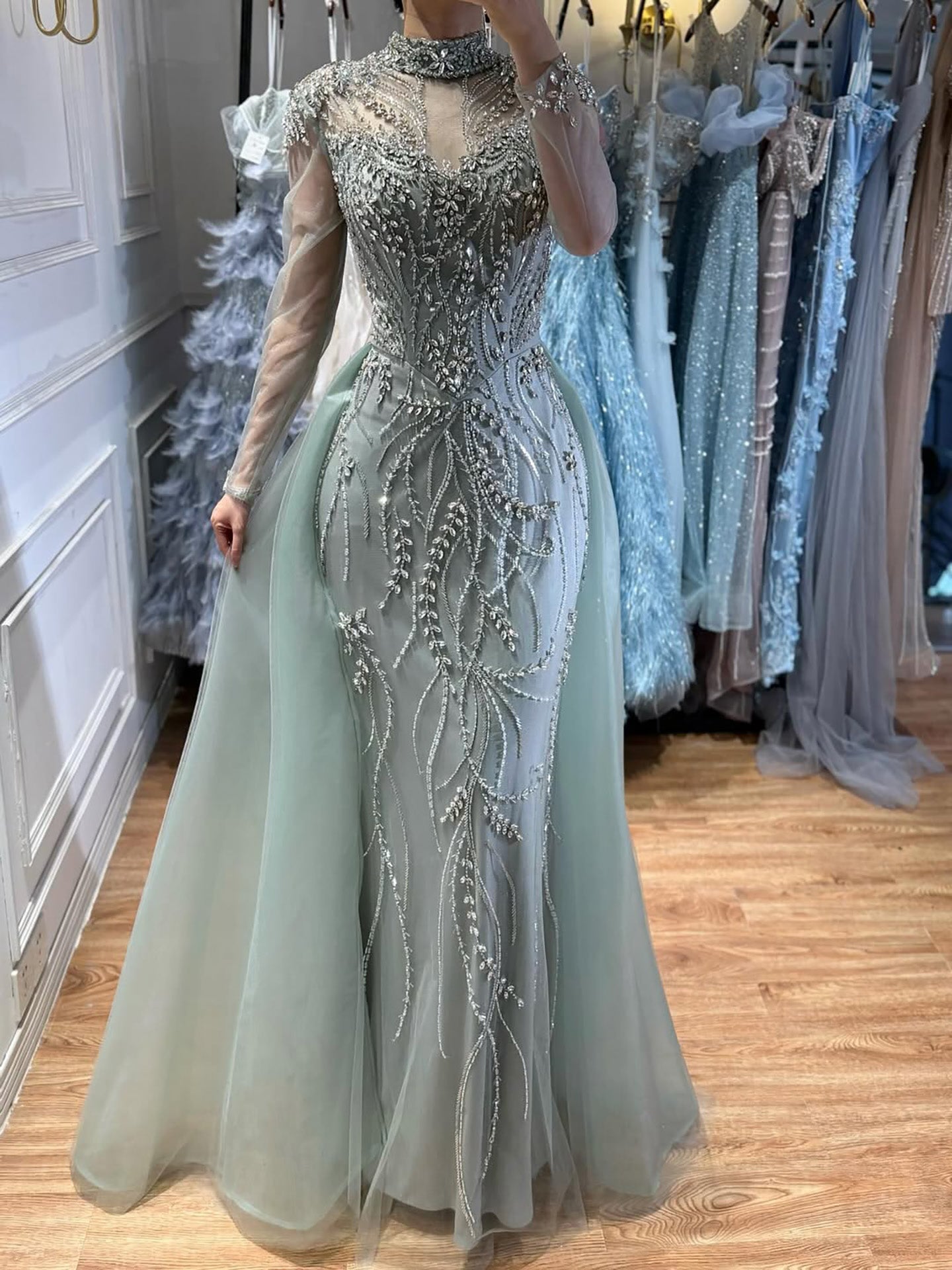 Luxury Sage Green Beaded Mermaid Evening Dress with Overskirt LA73647