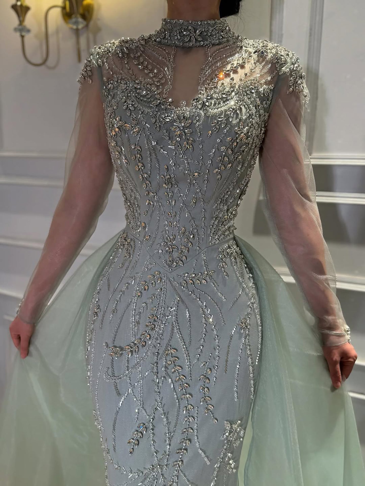 Luxury Sage Green Beaded Mermaid Evening Dress with Overskirt LA73647