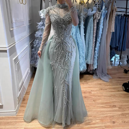 Luxury Sage Green Beaded Mermaid Evening Dress with Overskirt LA73647