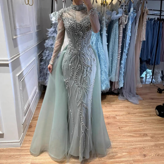 Luxury Sage Green Beaded Mermaid Evening Dress with Overskirt LA73647