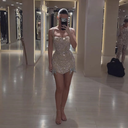 Luxury Silver Bow Detail Spaghetti Straps Beaded Evening Mini Dress LA73649