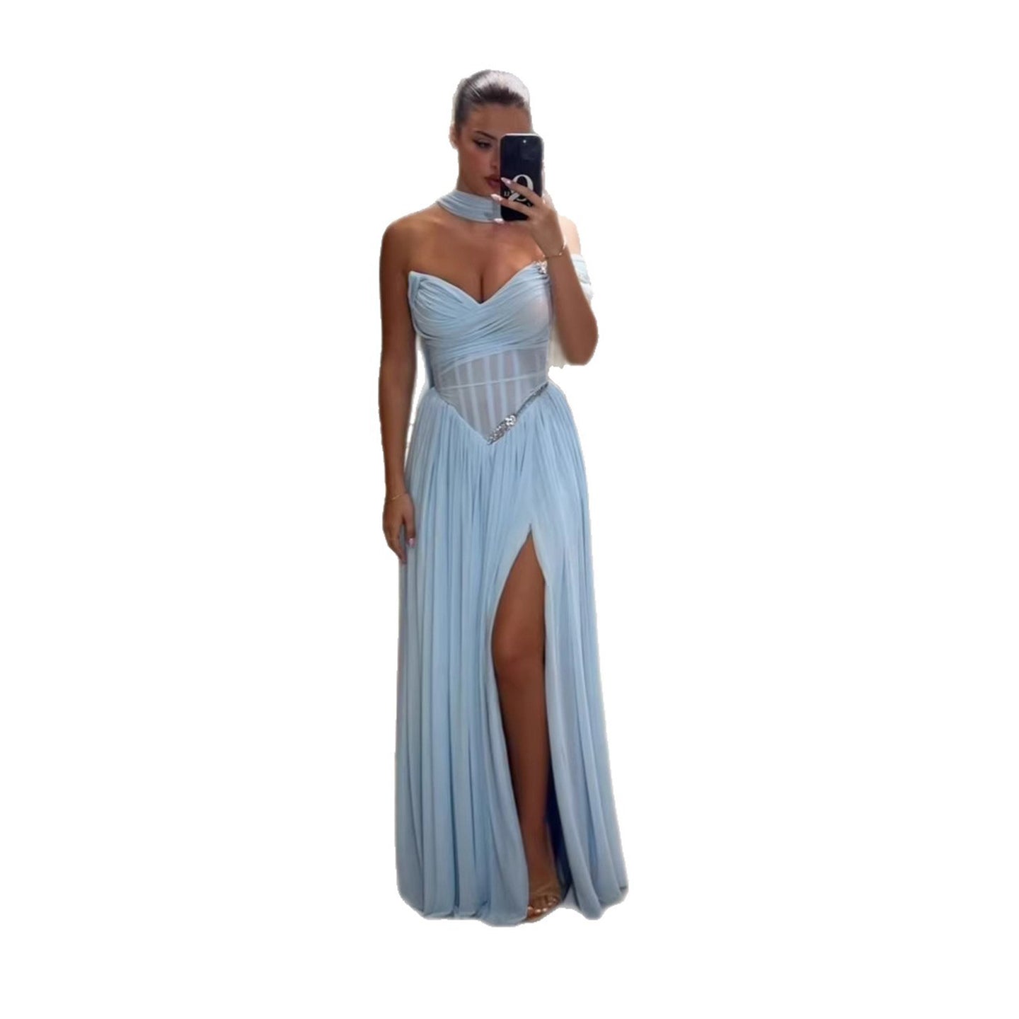 Blue Chiffon Off-the-Shoulder Prom Evening Dress With Scarf Slit LA73650