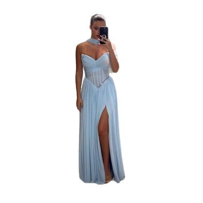 Blue Chiffon Off-the-Shoulder Prom Evening Dress With Scarf Slit LA73650
