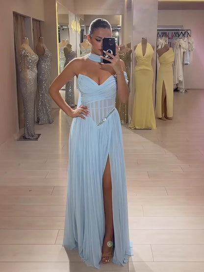 Blue Chiffon Off-the-Shoulder Prom Evening Dress With Scarf Slit LA73650