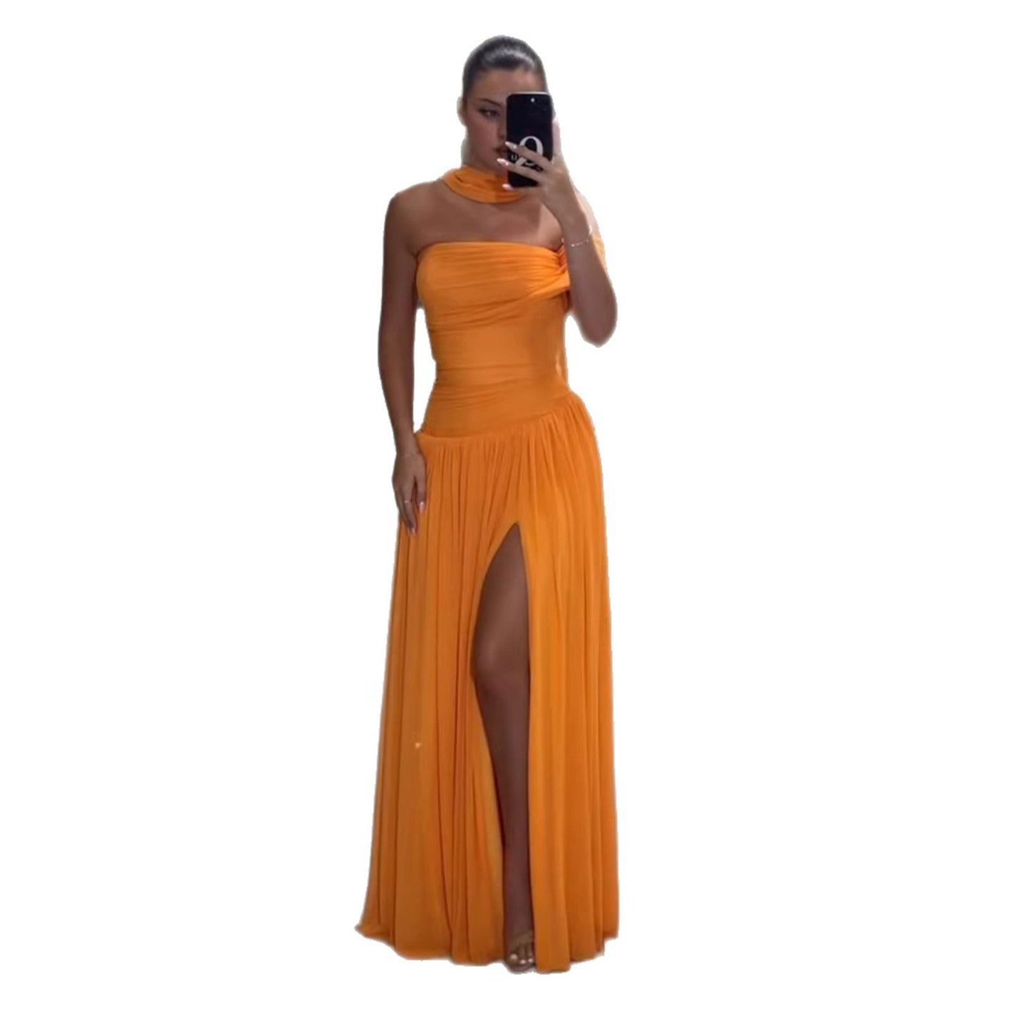 Orange Chiffon Off Shoulder Prom Evening Dress with Scarf Slit LA73651