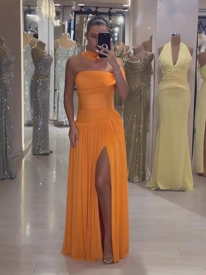 Orange Chiffon Off Shoulder Prom Evening Dress with Scarf Slit LA73651