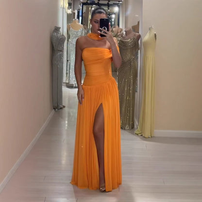 Orange Chiffon Off Shoulder Prom Evening Dress with Scarf Slit LA73651