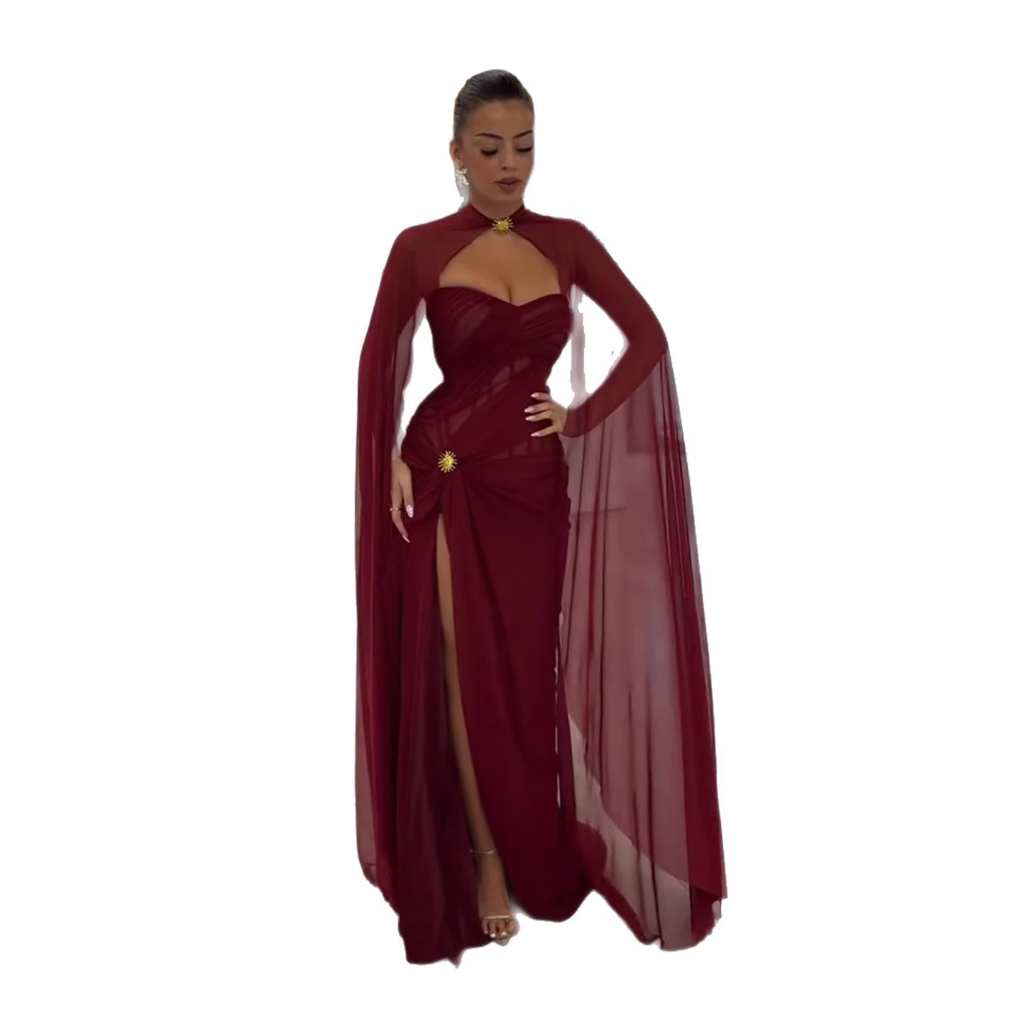 wine red Strapless Ruched Prom Evening Dress Gowns With Cape Slit LA73652