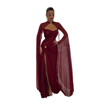wine red Strapless Ruched Prom Evening Dress Gowns With Cape Slit LA73652