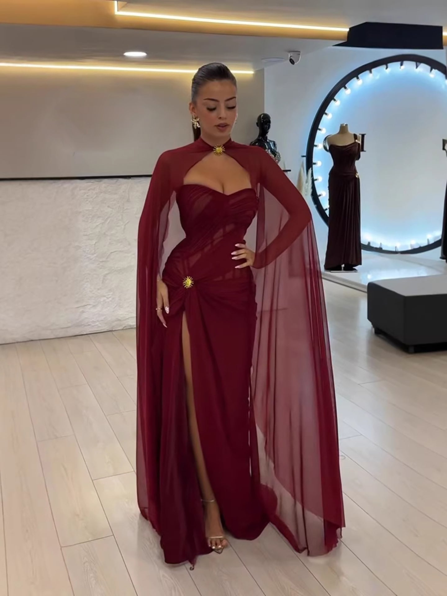 wine red Strapless Ruched Prom Evening Dress Gowns With Cape Slit LA73652