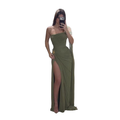 Luxury Olive Green Chiffon Off Shoulder Prom Evening Dress With Slit LA73653