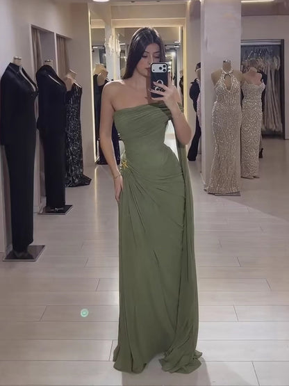 Luxury Olive Green Chiffon Off Shoulder Prom Evening Dress With Slit LA73653