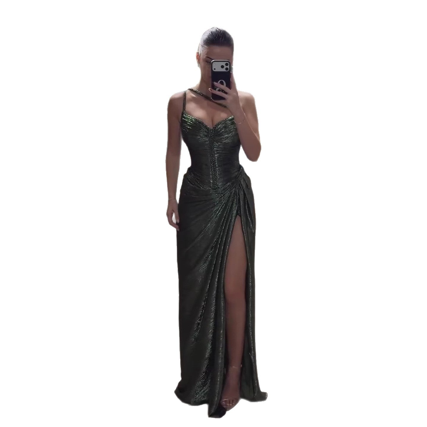 Luxury Olive Green Corset Beaded One Shoulder Evening Dress With Slit LA73654