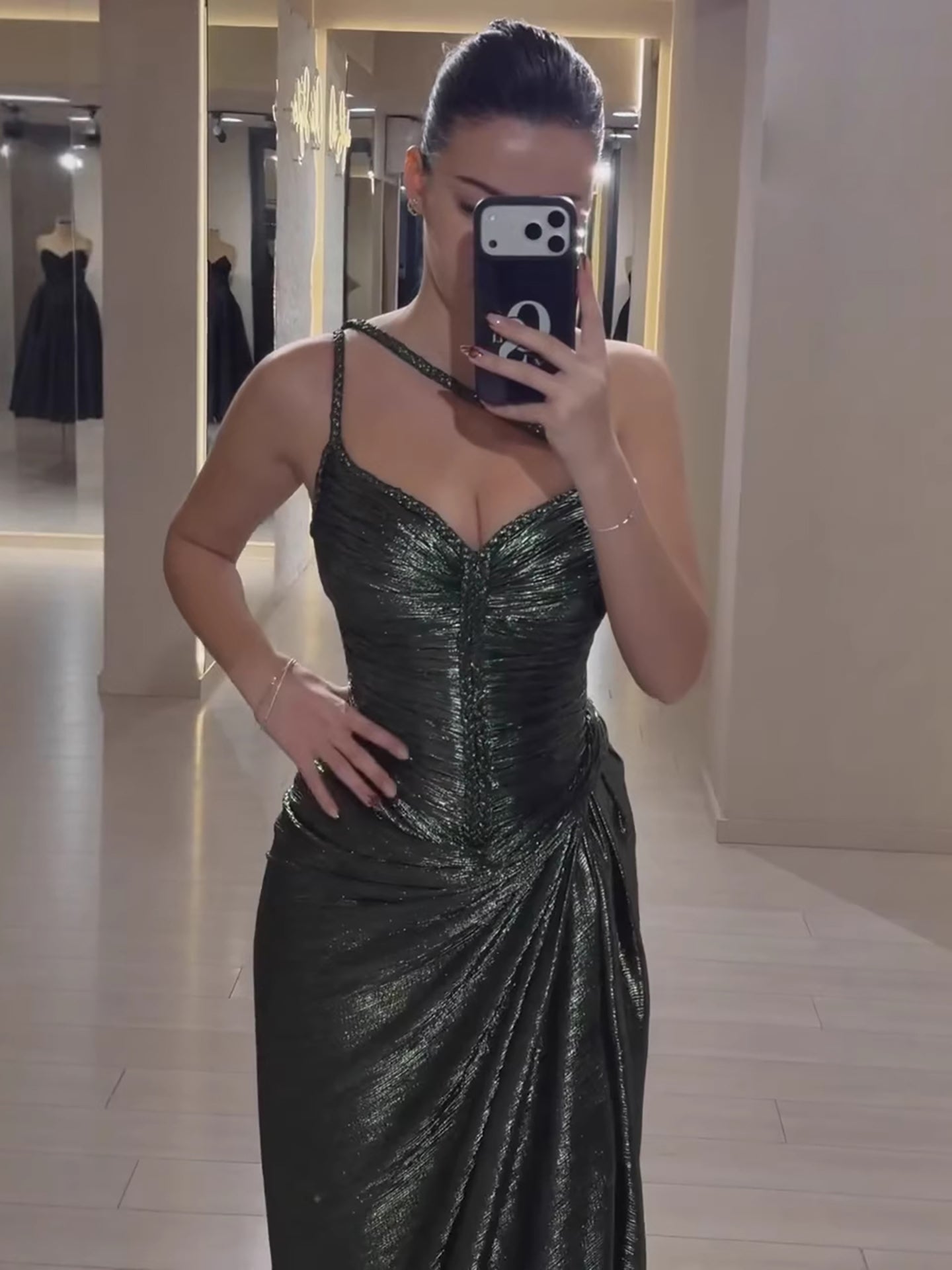 Luxury Olive Green Corset Beaded One Shoulder Evening Dress With Slit LA73654
