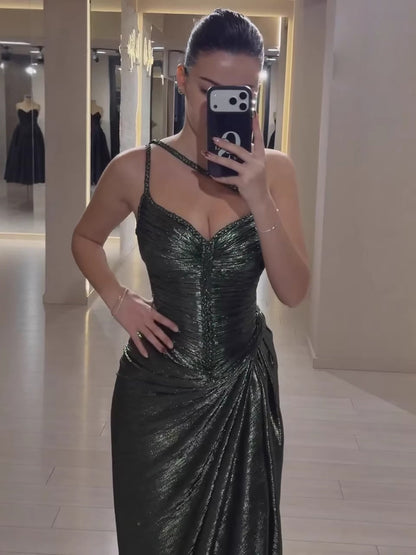 Luxury Olive Green Corset Beaded One Shoulder Evening Dress With Slit LA73654