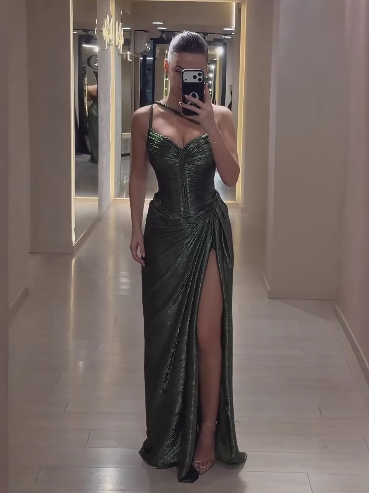 Luxury Olive Green Corset Beaded One Shoulder Evening Dress With Slit LA73654