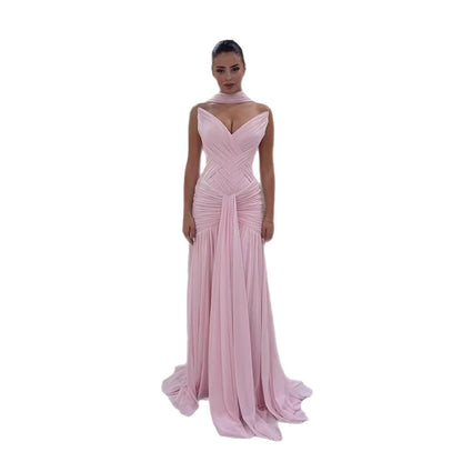 Pink Chiffon A-Line Evening Dress with Scarf LA73655