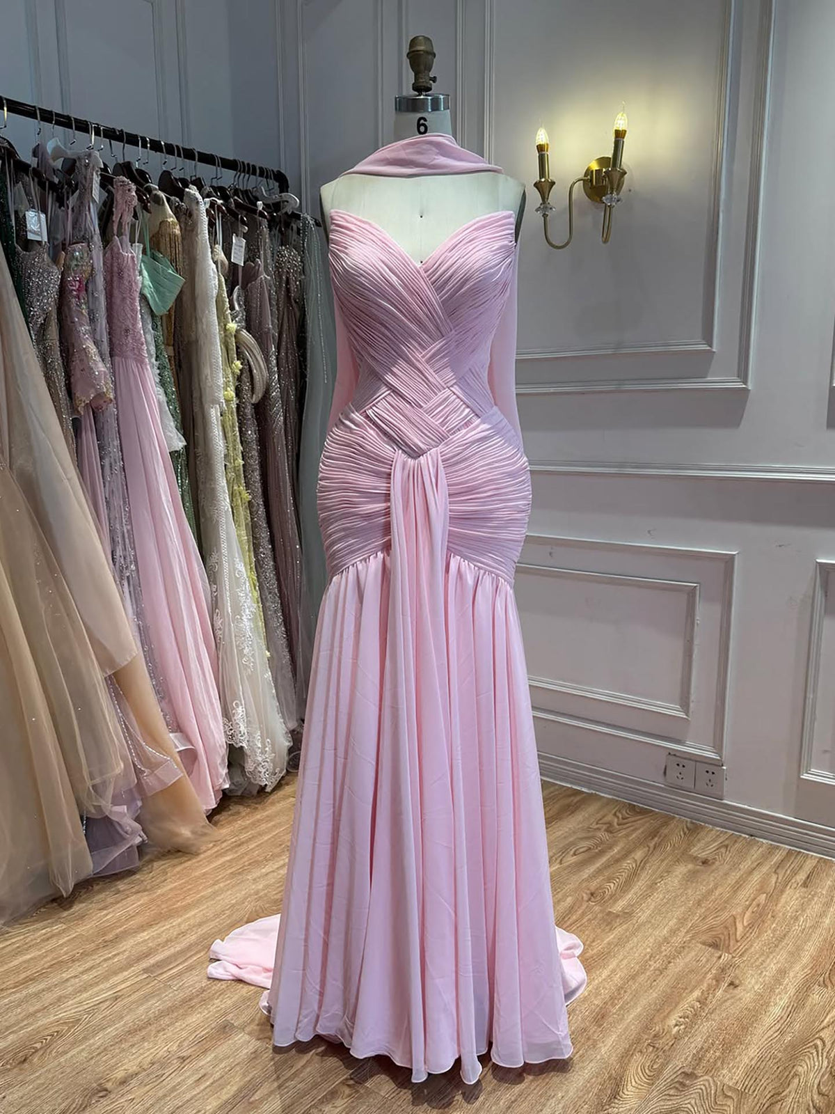 Pink Chiffon A-Line Evening Dress with Scarf LA73655