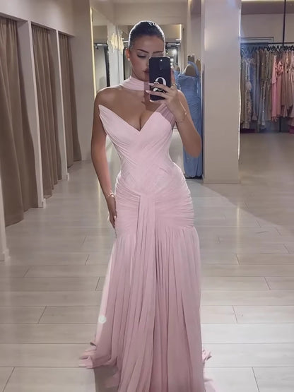 Pink Chiffon A-Line Evening Dress with Scarf LA73655