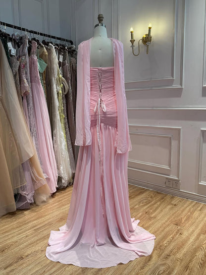Pink Chiffon A-Line Evening Dress with Scarf LA73655