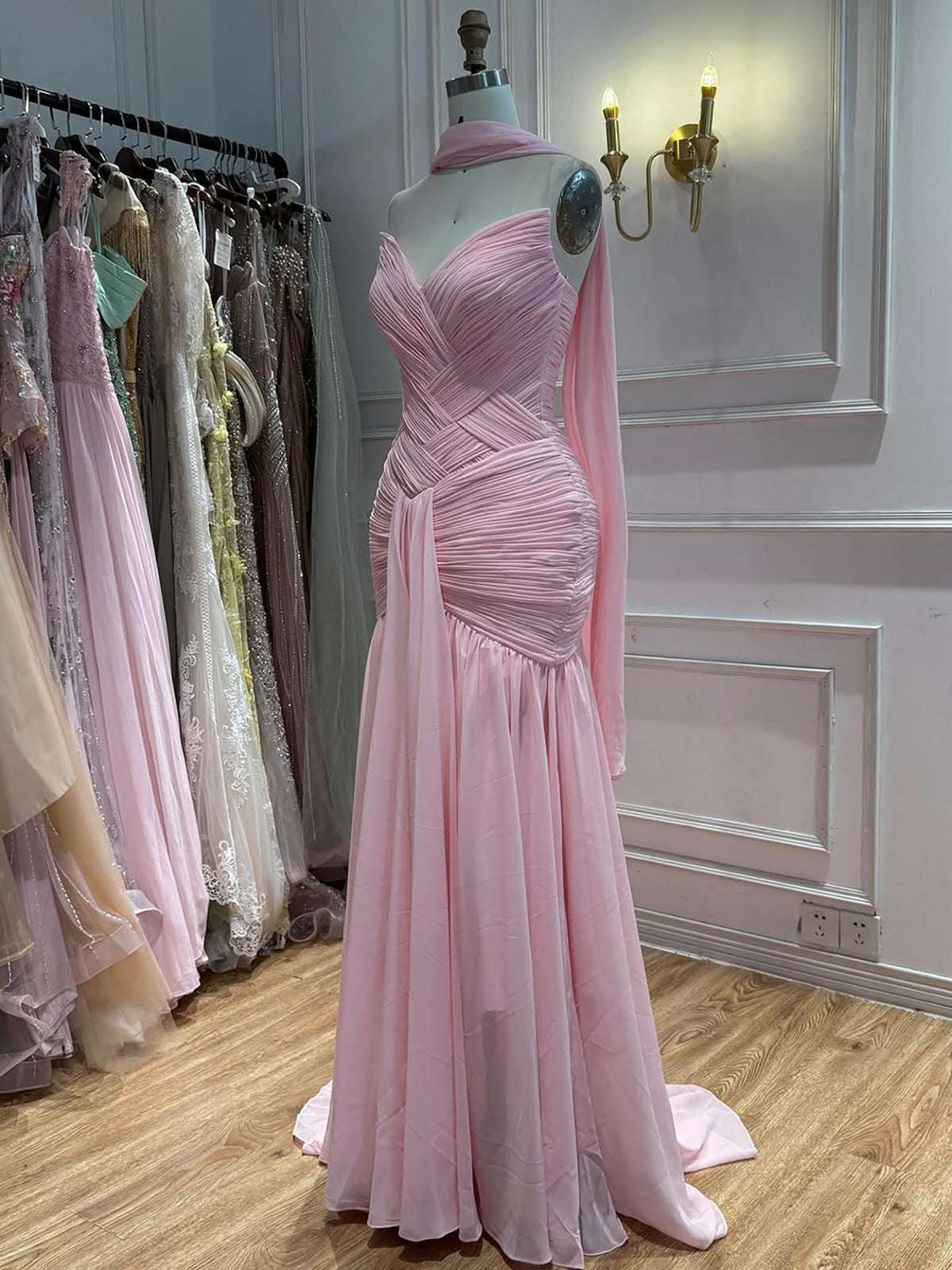 Pink Chiffon A-Line Evening Dress with Scarf LA73655