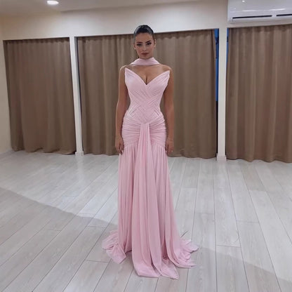 Pink Chiffon A-Line Evening Dress with Scarf LA73655