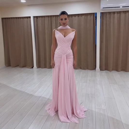 Pink Chiffon A-Line Evening Dress with Scarf LA73655