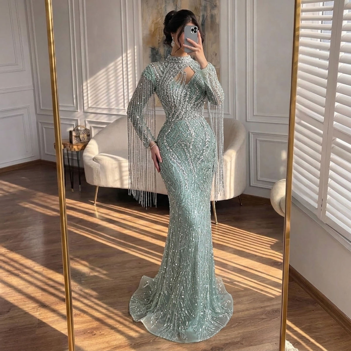 Sage Green Beaded Mermaid Evening Dress with Ruffle Shoulder LA73657