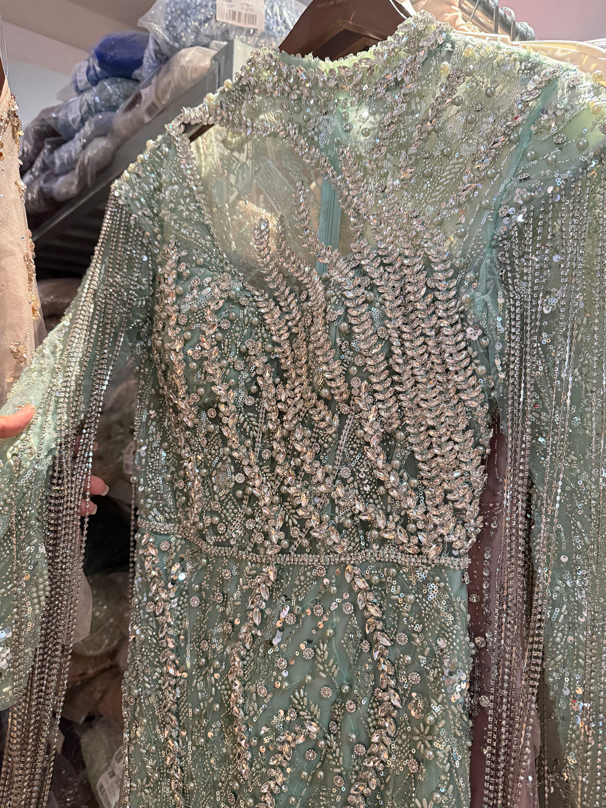 Sage Green Beaded Mermaid Evening Dress with Ruffle Shoulder LA73657