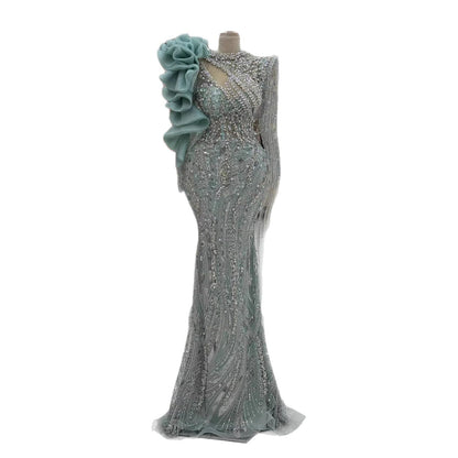 Sage Green Beaded Mermaid Evening Dress with Ruffle Shoulder LA73657