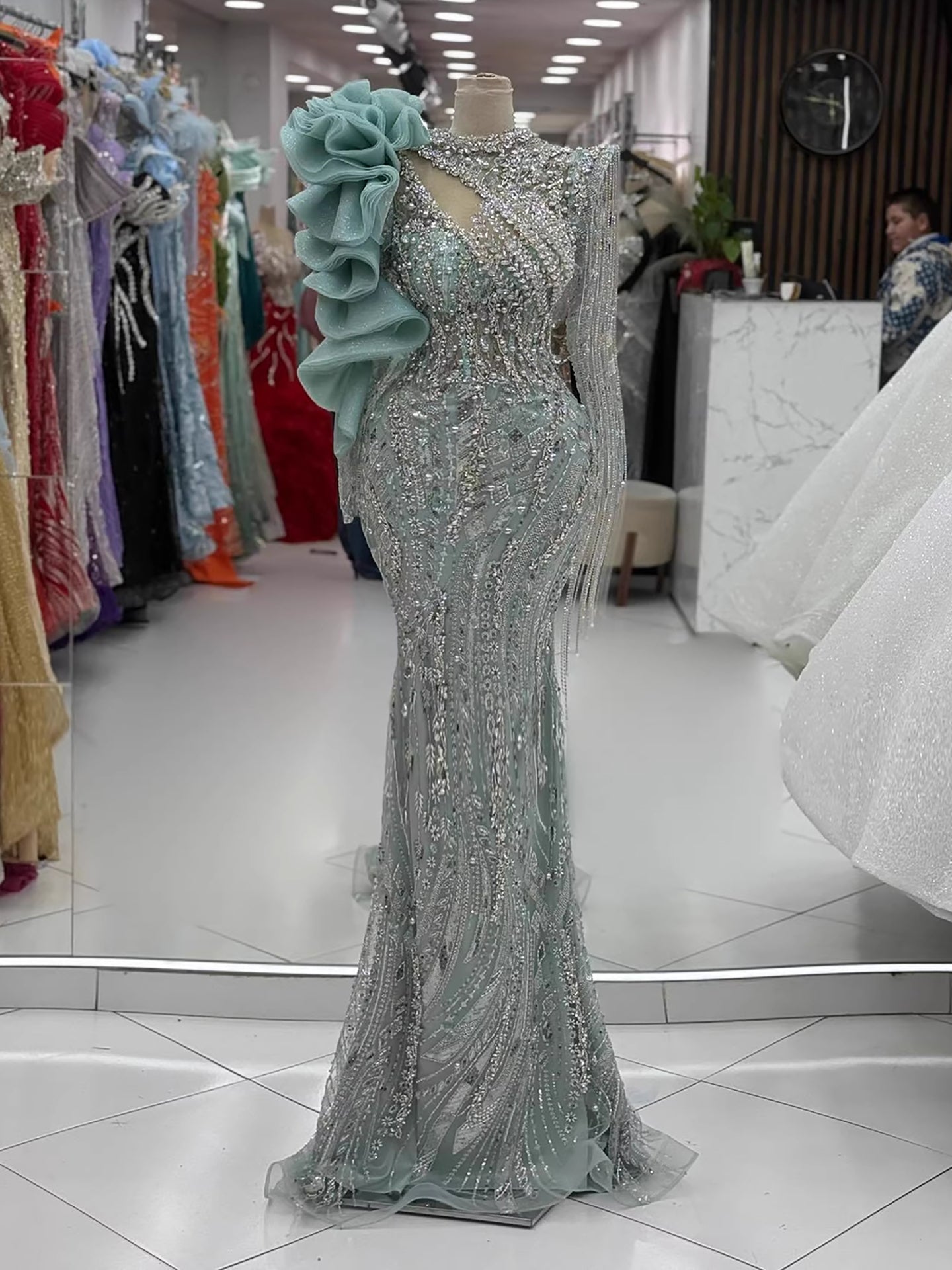 Sage Green Beaded Mermaid Evening Dress with Ruffle Shoulder LA73657
