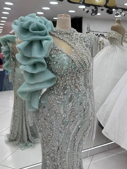 Sage Green Beaded Mermaid Evening Dress with Ruffle Shoulder LA73657