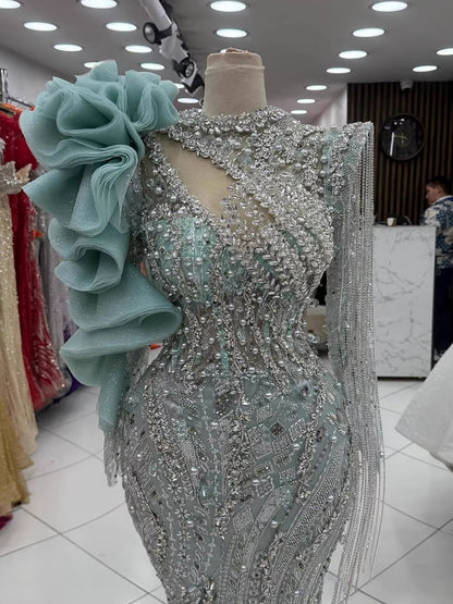Sage Green Beaded Mermaid Evening Dress with Ruffle Shoulder LA73657