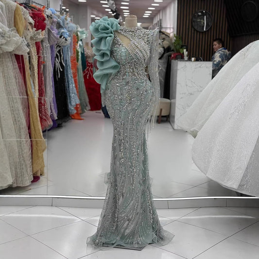 Sage Green Beaded Mermaid Evening Dress with Ruffle Shoulder LA73657