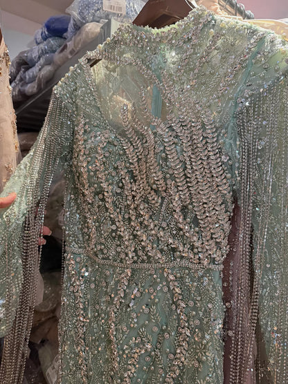 Sage Green Beaded Mermaid Evening Dress with Ruffle Shoulder LA73657A