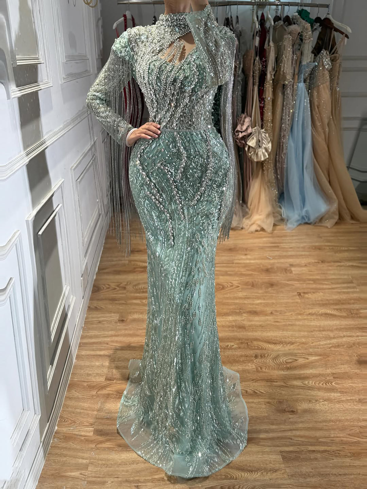 Sage Green Beaded Mermaid Evening Dress with Ruffle Shoulder LA73657A
