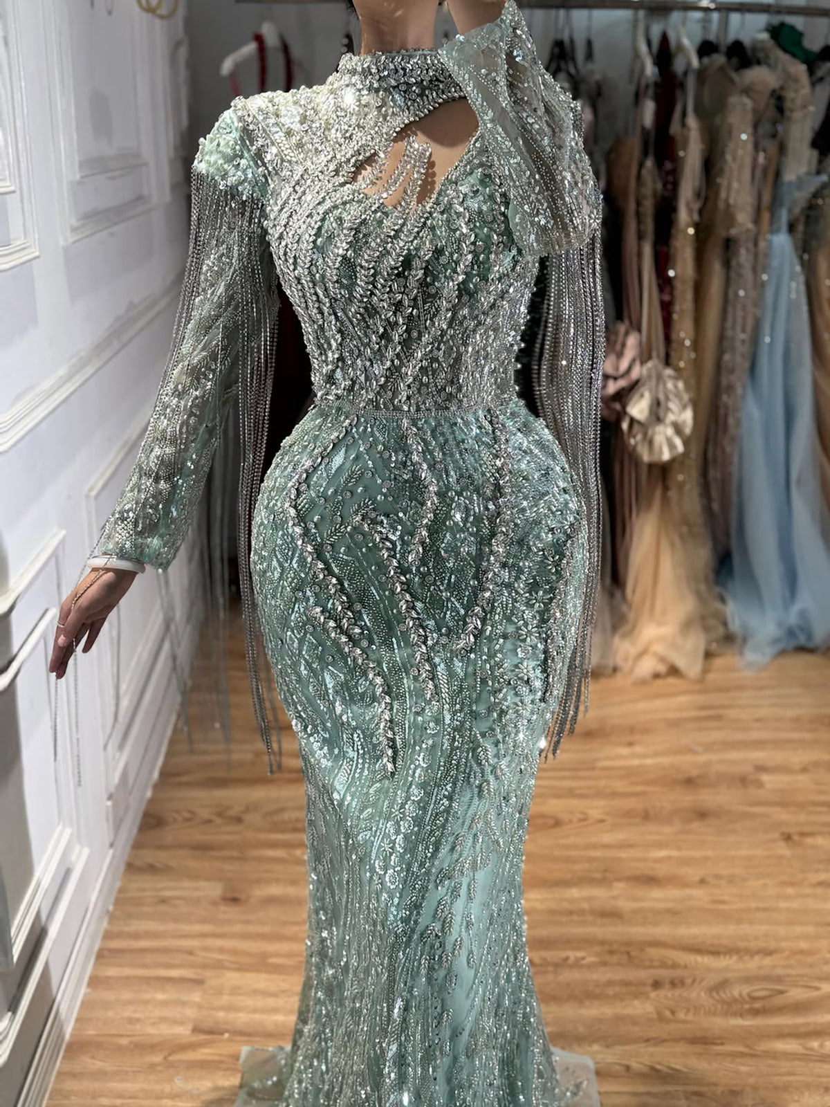 Sage Green Beaded Mermaid Evening Dress with Ruffle Shoulder LA73657A