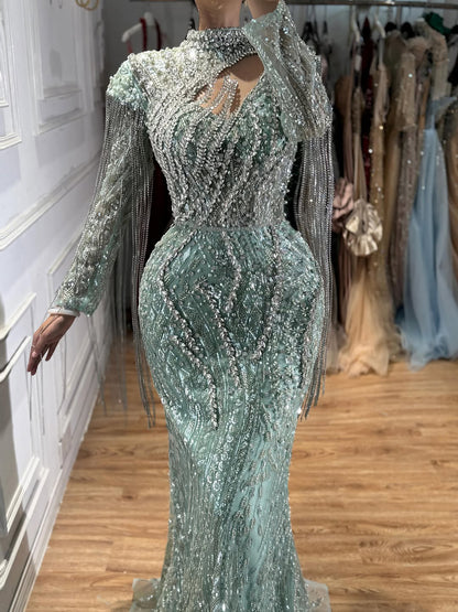 Sage Green Beaded Mermaid Evening Dress with Ruffle Shoulder LA73657A