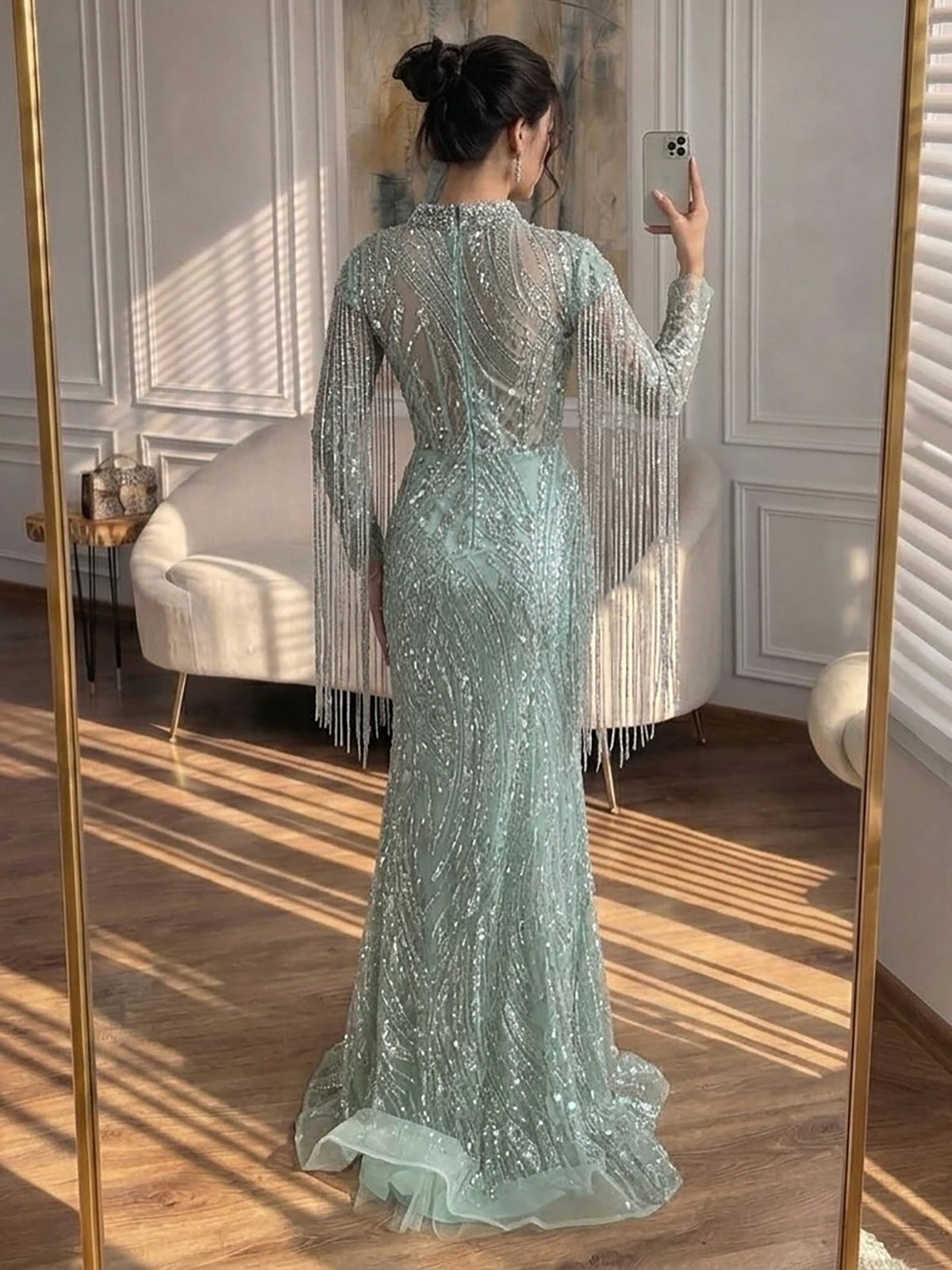 Sage Green Beaded Mermaid Evening Dress with Ruffle Shoulder LA73657A